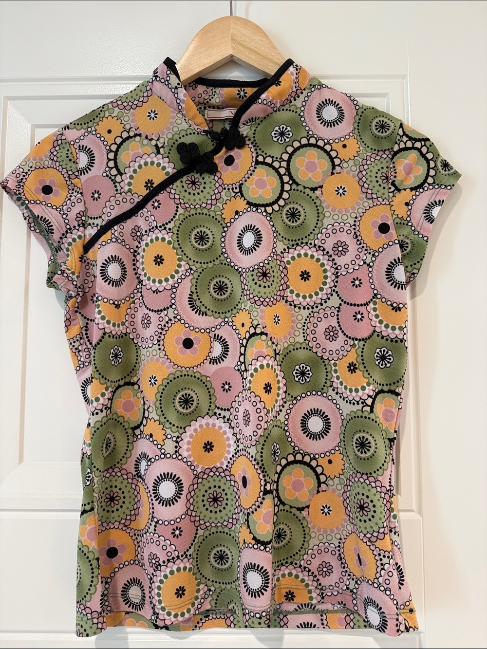 Floral Print Mandarin Collar Cap-Sleeve Top - Pink/Green/Yellow